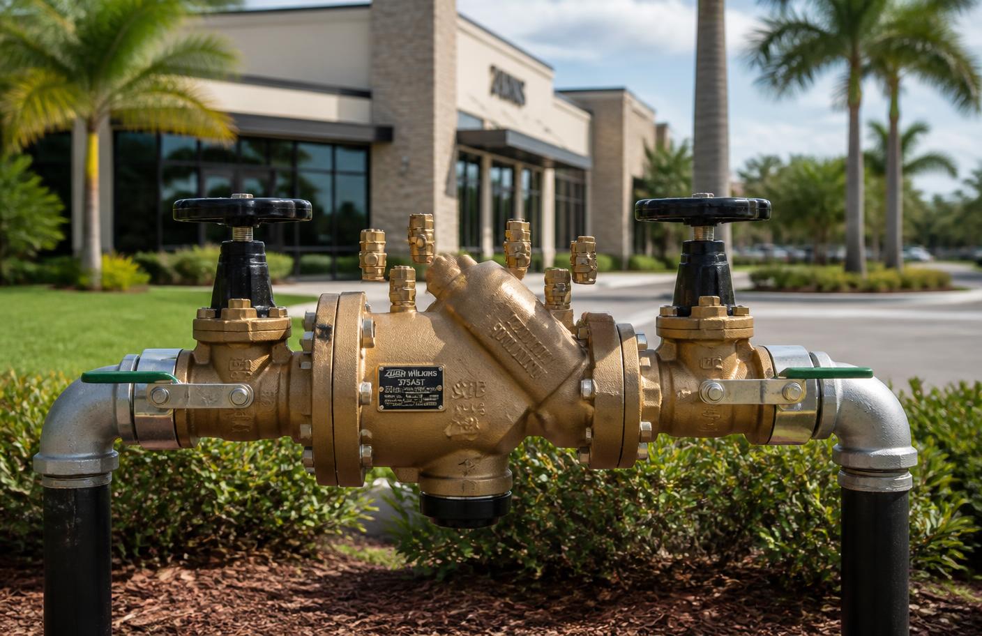 Large Zurn Wilkins RPZ commercial backflow preventer in front of a South Florida office building