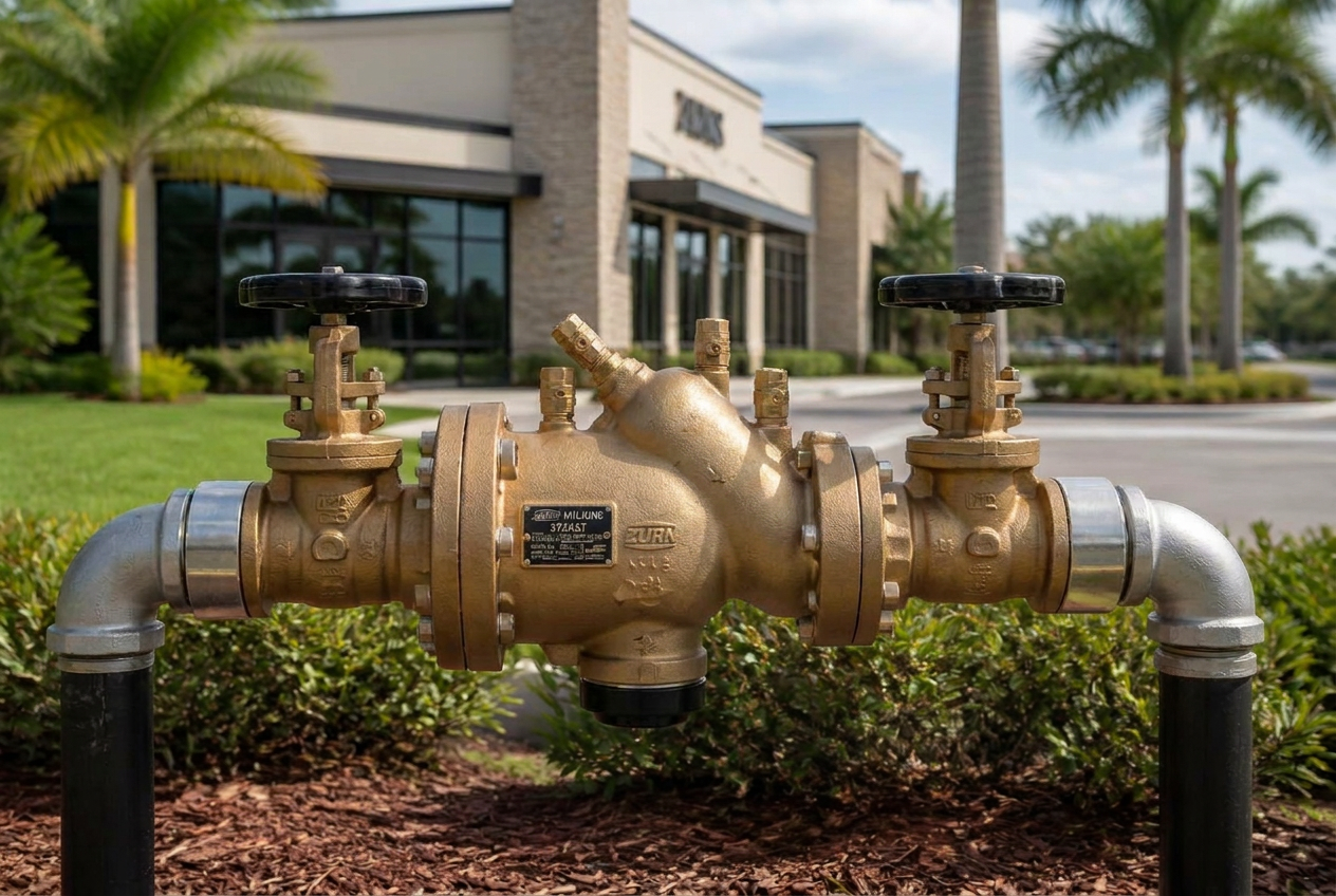Large Zurn Wilkins RPZ commercial backflow preventer in front of a South Florida office building